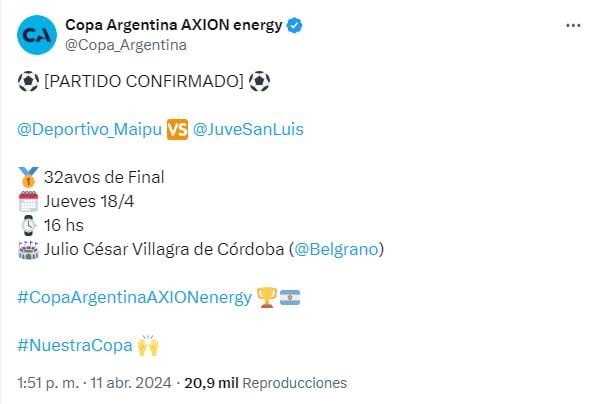 Maipú vs Juventud Unida de San Luis, por los 32vos. de final en Copa Argentina.