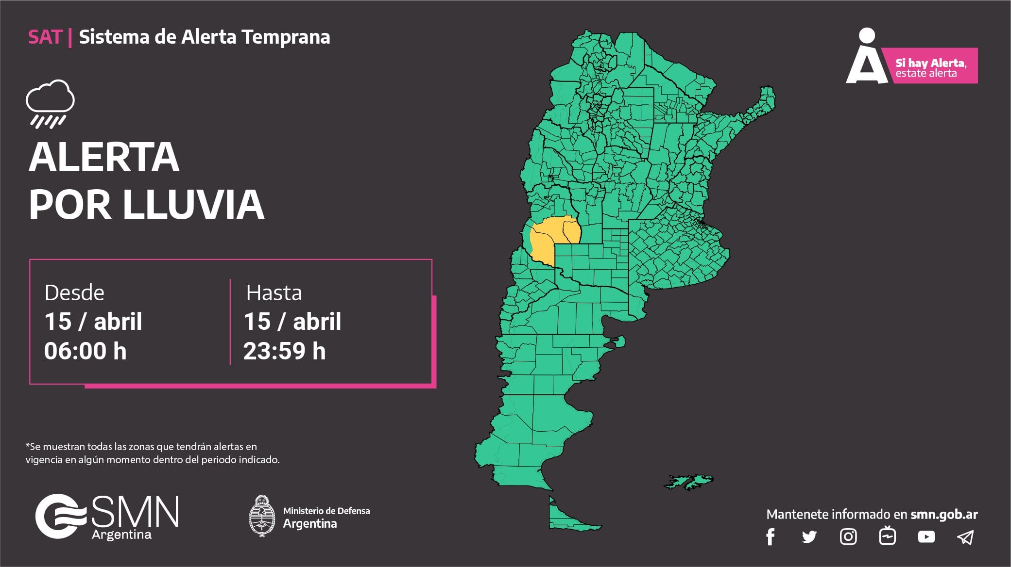 Alerta Amarilla para el Sur de Mendoza. Foto: Twitter/@SMN_Alertas