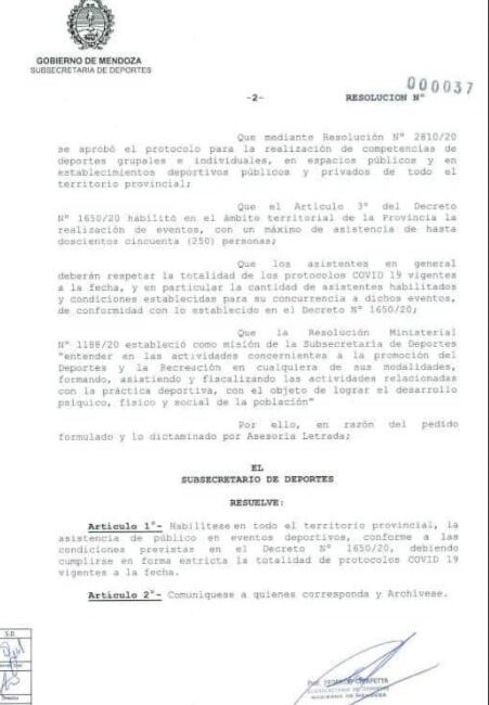 El comunicado de la Subsecretaría de deportes de Mendoza