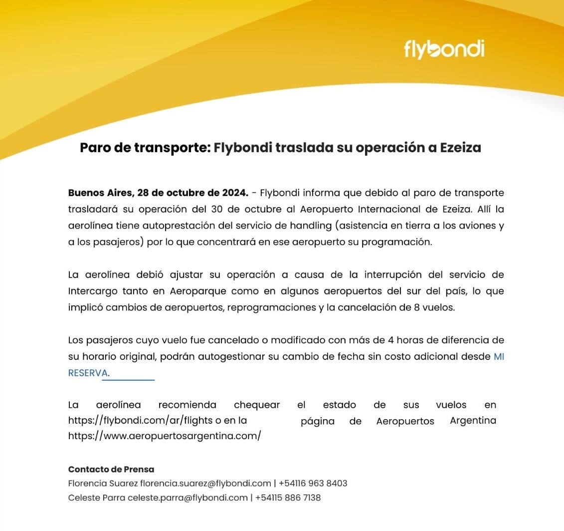 El comunicado de Flybondi ante el paro de transporte para este 30 de octubre.