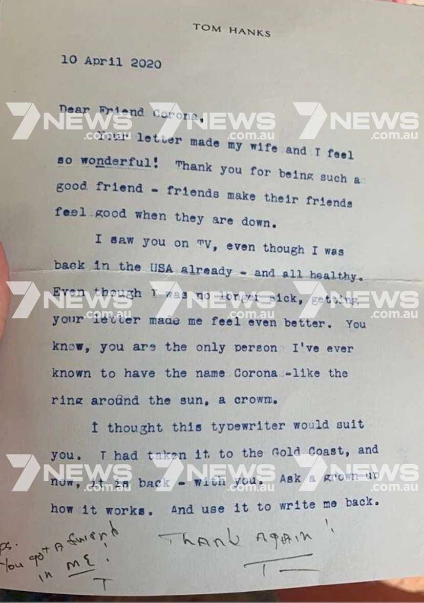 
    La carta de Hanks al nene. Foto: 7NEWS Gold Coast.
   