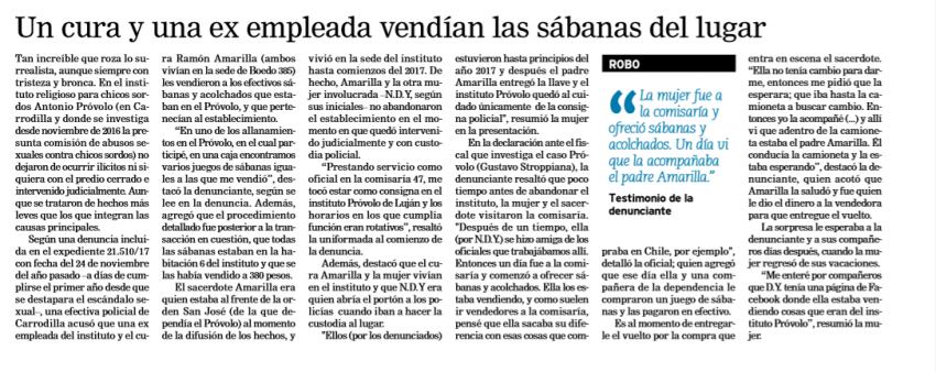 
    Fragmento de la nota de Los Andes donde se detalla la denuncia contra Amarilla y una de las cuidadoras por vender sábanas del Próvolo.
   