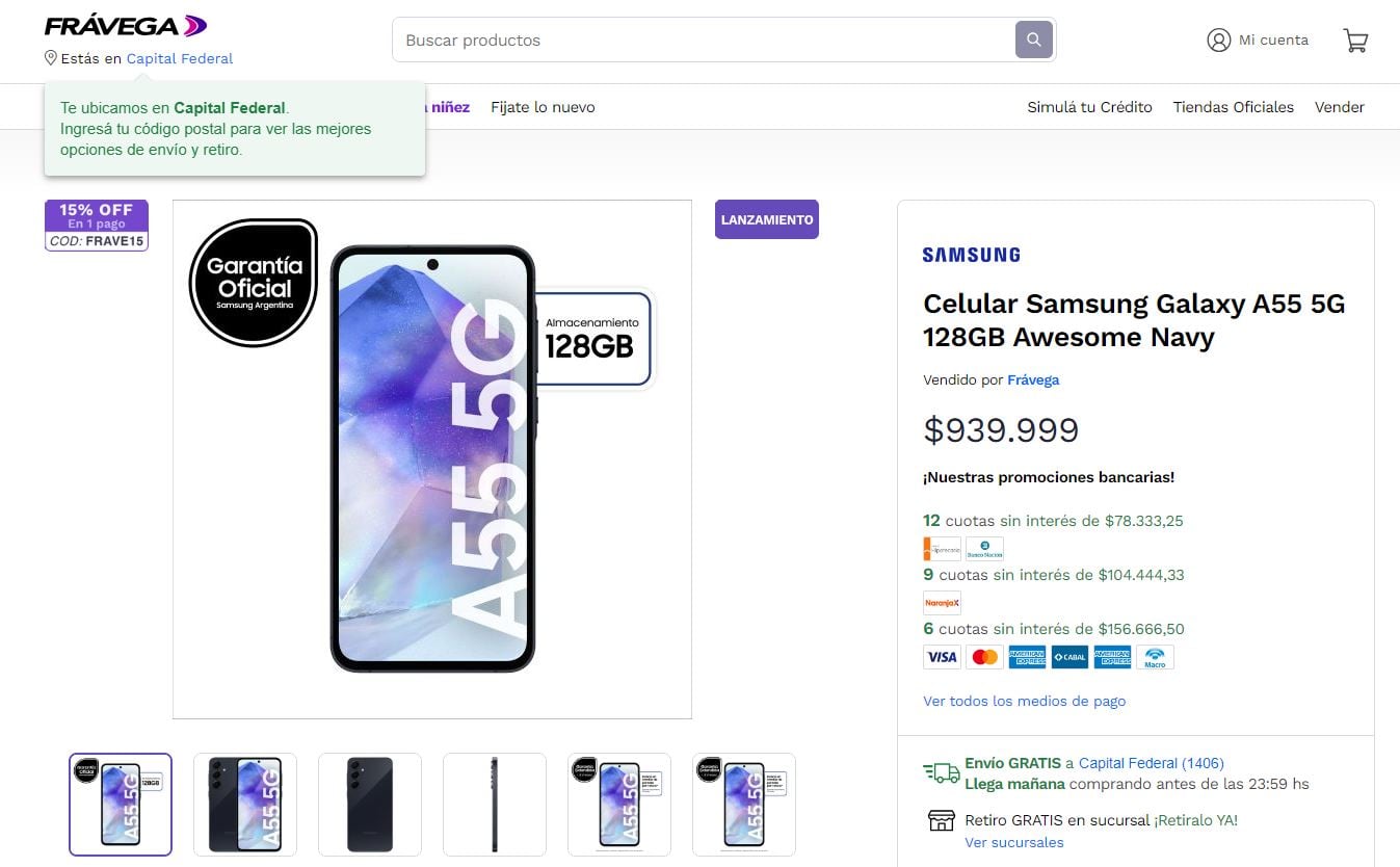 Esto sale el Samsung A55, en una tienda de electrodomésticos en Argentina.