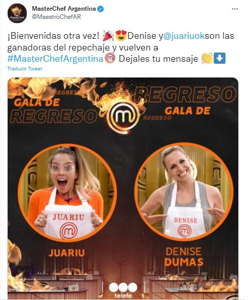 Juariu y Denise Dumas ganaron el repechaje de "Masterchef Celebrity 3" y vuelven a la competencia