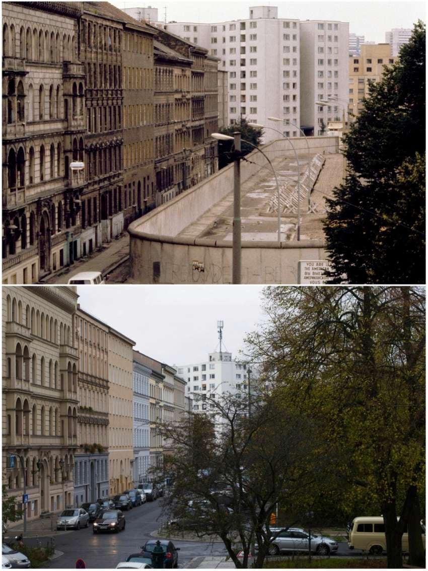 
Una sección del Muro de Berlín, (arriba) en julio de 1981 y la misma ubicación el 5 de noviembre de 2019 (abajo). | AP
   