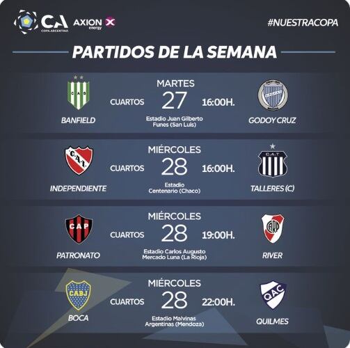 Partidos de los cuartos de final de la Copa Argentina.