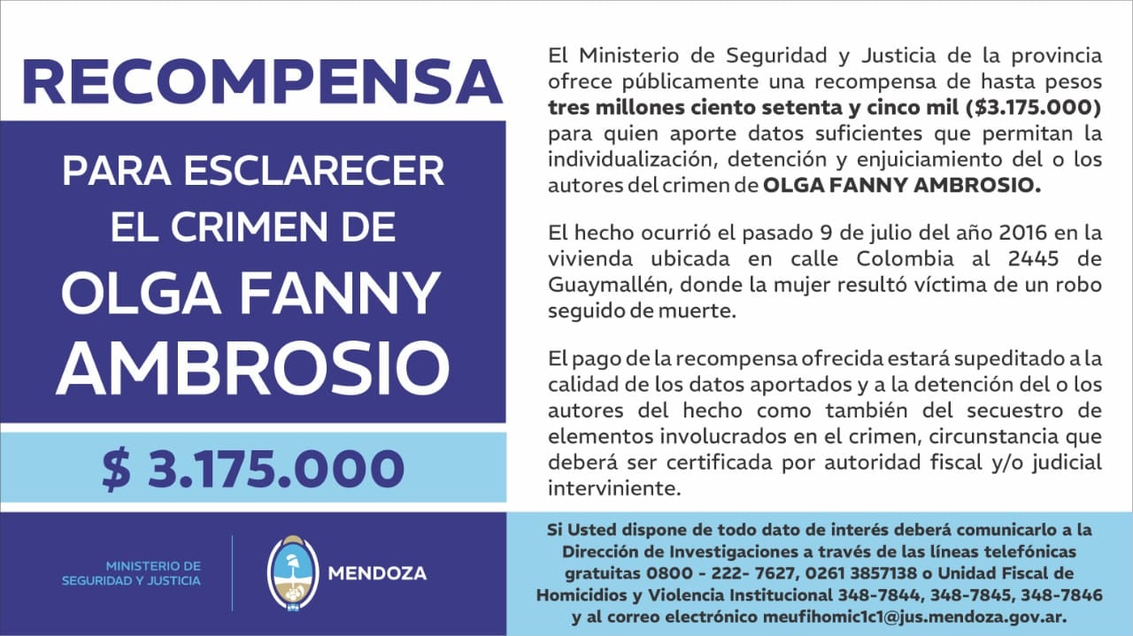 Recompensa por Olga Fanny Ambrosio.