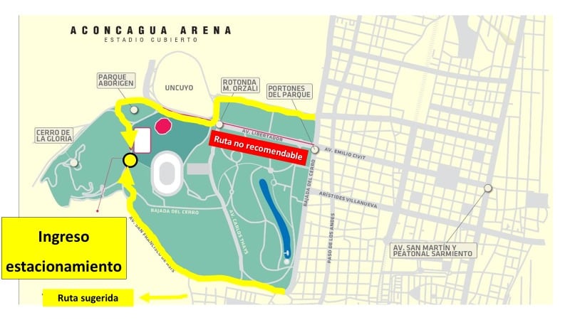 El recorrido sugerido para llegar al estadio en el parque General San Martín.