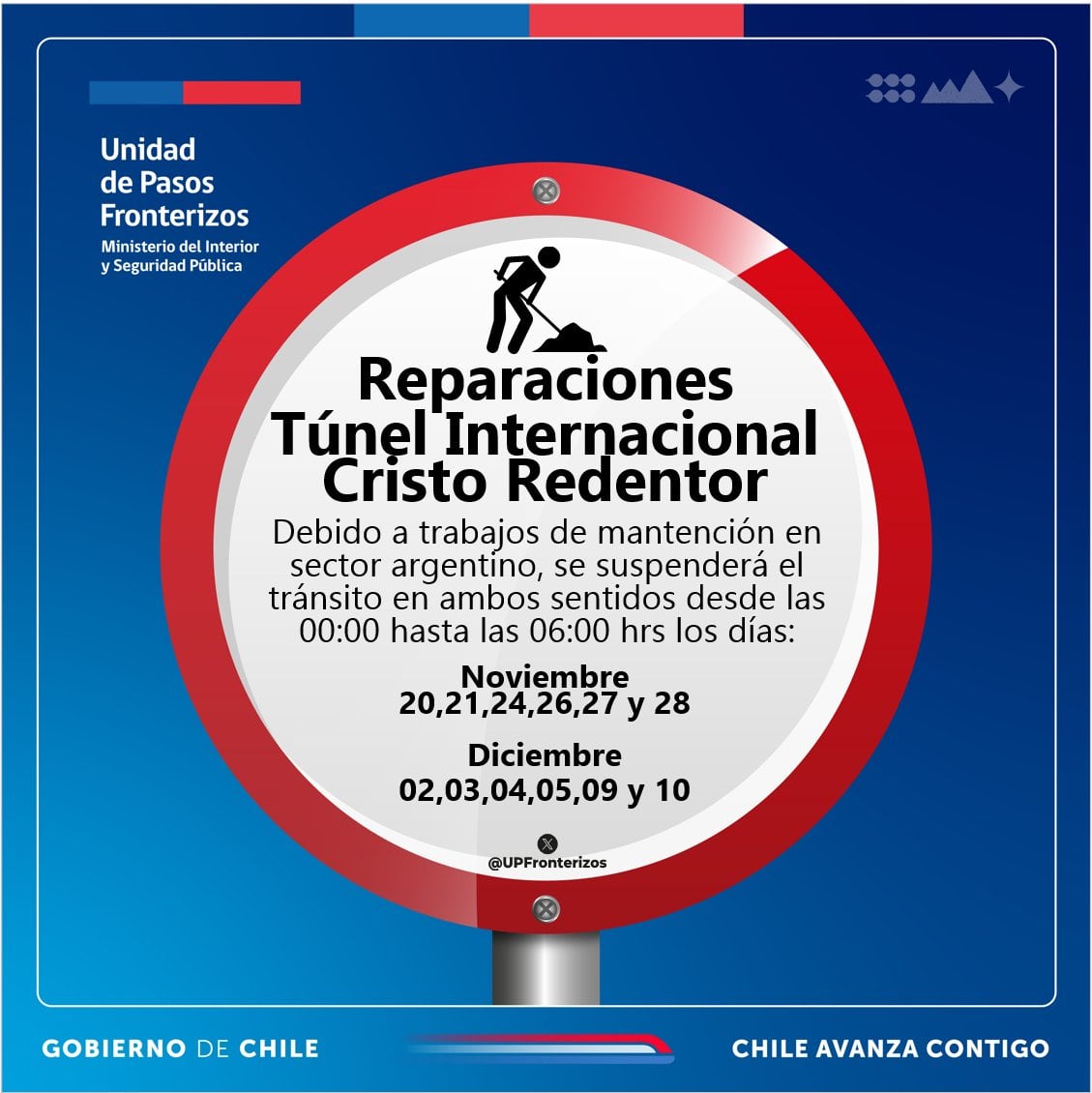 Cortes intermitentes en el paso Cristo Redentor entre noviembre y diciembre / X @CFLosLibertador