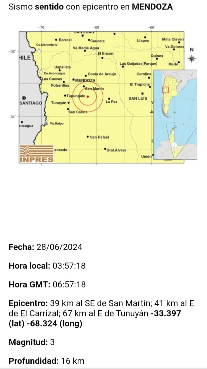 Este jueves 28 de junio percibió un sismo leve entre el Valle de Uco y la zona Este de Mendoza.