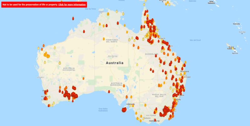 
    La imagen de MyFireWatch de cómo se encuentra Australia en estos días.
   