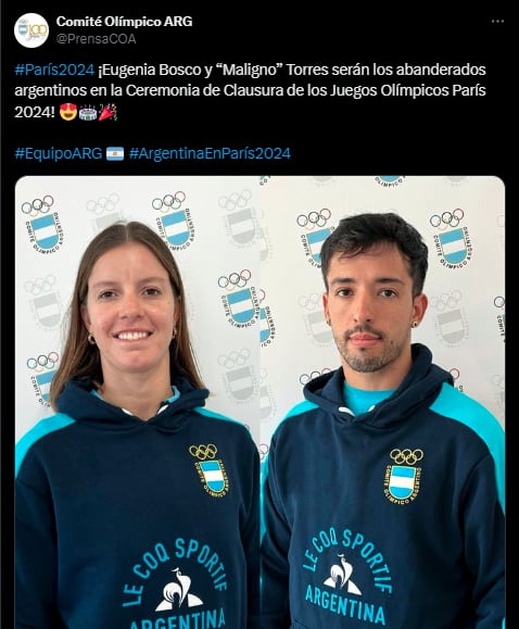 "Maligno" Torres y Eugenia Bosco, los abanderados argentinos en el cierre de los Juegos Olímpicos.