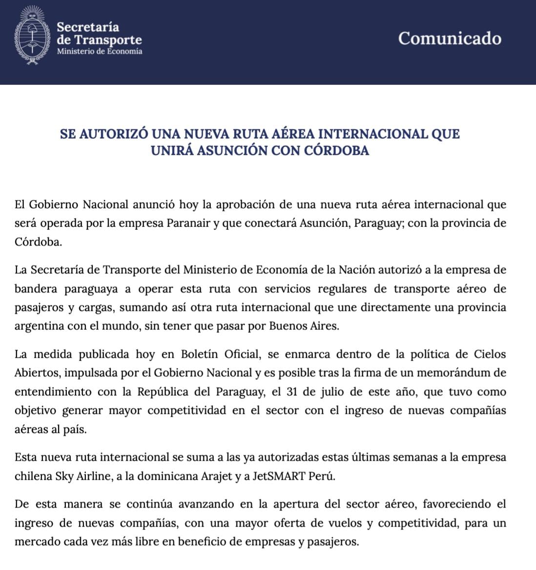 El comunicado confirmando la llegada de Paranair a Córdoba.