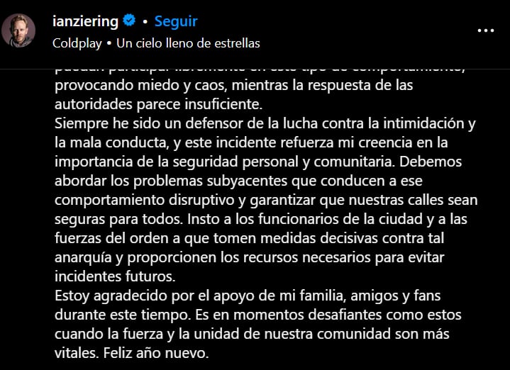 "Debemos abordar los problemas subyacentes que conducen a este comportamiento disruptivo", asegura el actor en su publicación (captura de pantalla)