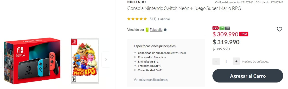 Nintendo Switch junto con el videojuego Super Mario RPG cuesta $309.990 chilenos, con un 21% de descuento.