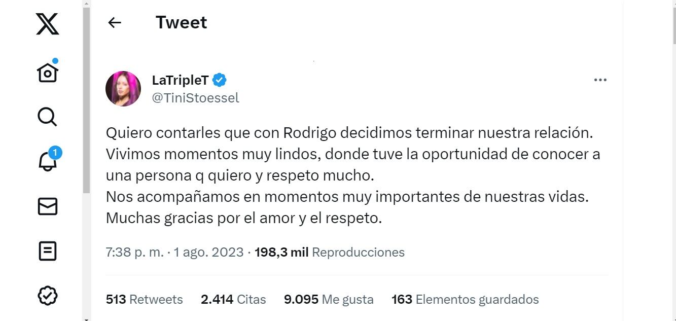 Tini Stoessel confirmó su separación de Rodrigo de Paul. Captura de pantalla.