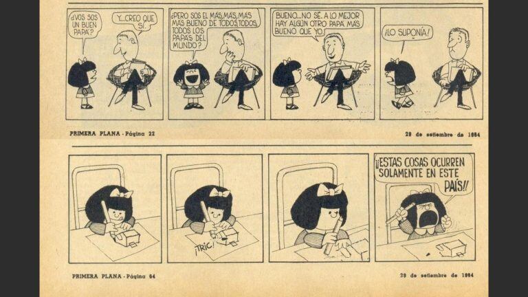 La primera tira de Mafalda publicada en Primera Plana (1964)