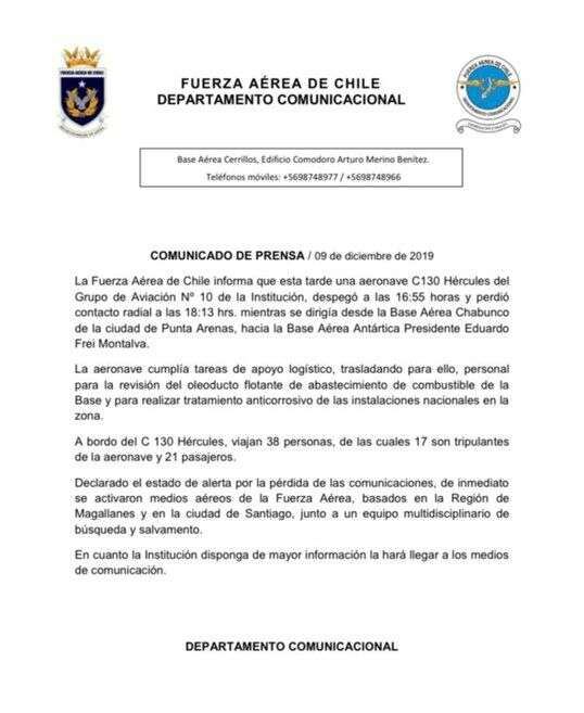 
Comunicado de la FACH reportanto la desaparición de la aeronave. | Gentileza
   