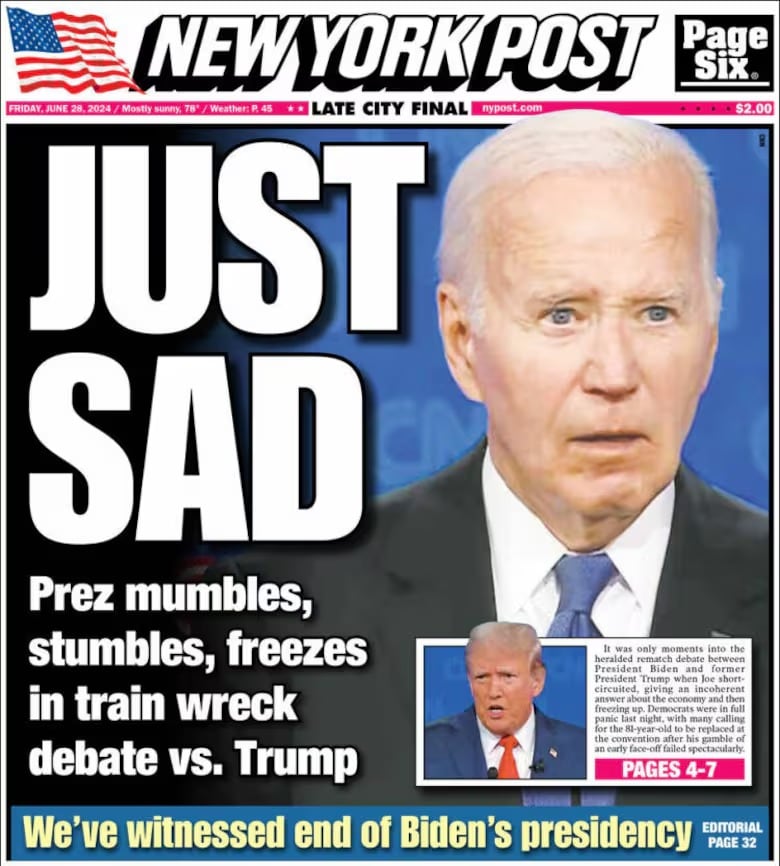 Portada de New York Post. Los titulares de la prensa estadounidense tras el debate presidencial de cara a las elecciones / Gentileza La Nación