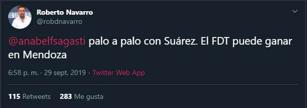 
    El tuit de Navarro que vaticinó un "empate" de Sagasti. Pero la diferencia con Suárez era irremontable. 
