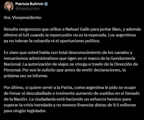 Bullrich respondió a las críticas de Villarruel por el caso del gendarme detenido en Venezuela. Captura: X / @PatoBullrich