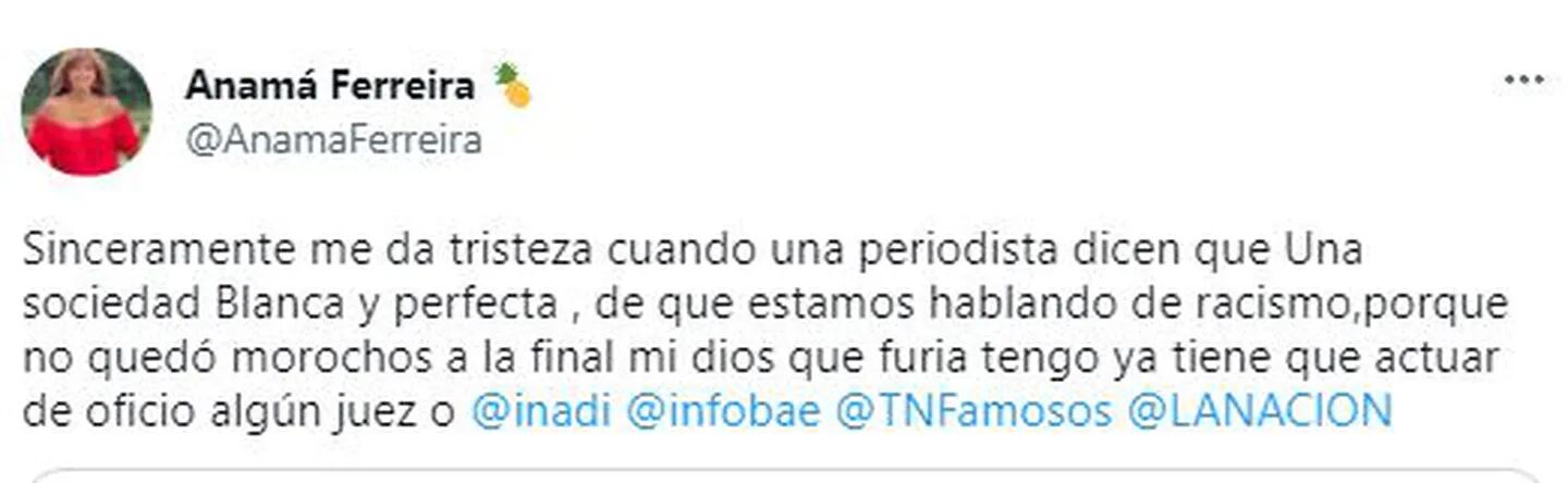 Anamá Ferreira sobre el repudiable comentario de Laura Ubfal. Foto: Twitter/@AnamaFerreira