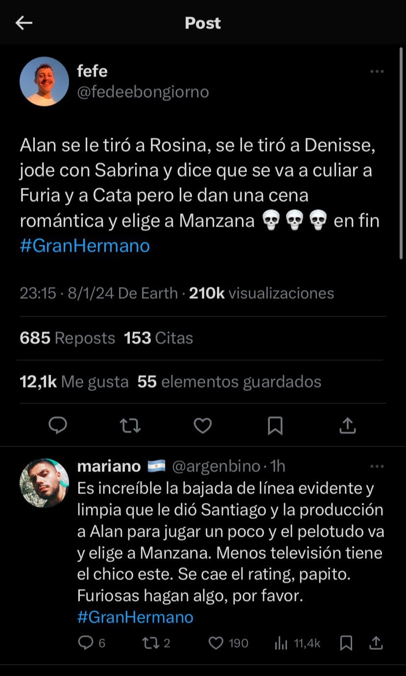 Alan, el blanco de memes por elegir a Manzana para una noche romántica en Gran Hermano. Captura de pantalla.