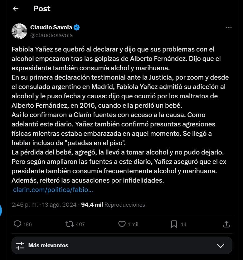 Claudio Savoia sobre la declaración de Fabiola Yáñez. Captura de X.