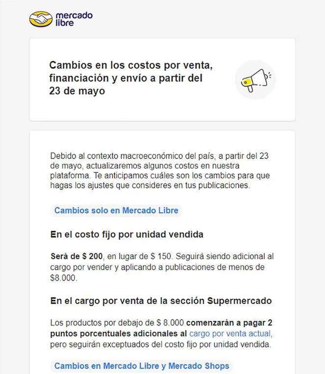 Comunicado de Mercado Libre a los vendedores. Foto: Mercado Libre