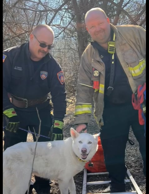 Los bomberos posando junto al cachorro rescatado