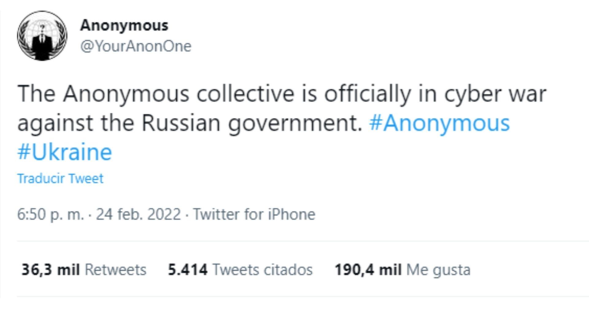 Anonymous le declaró la guerra cibernética a Rusia por su invasión a Ucrania.