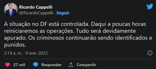 Los tres poderes de Brasil condenan "actos terroristas" en la capital. Foto: Web