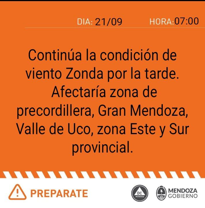 Alertas por viento Zonda en Mendoza / 21 de septiembre