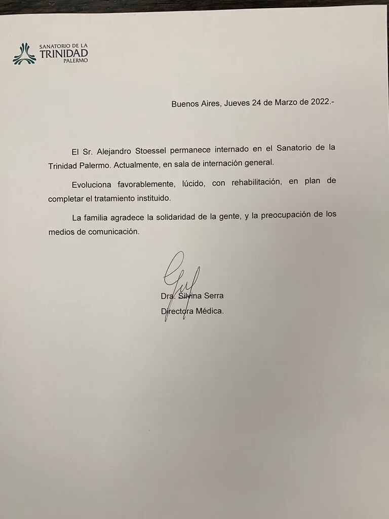 El nuevo parte médico sobre la salud de Alejandro Stoessel