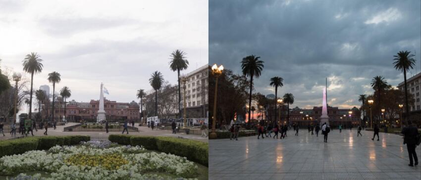 
Foto tomada por Escandar en 2017 luego de una marcha de la CGT (Izq) y la plaza sin canteros luego de su remodelación en mayo de 2018 (Der) | Crédito:GCBA.
   