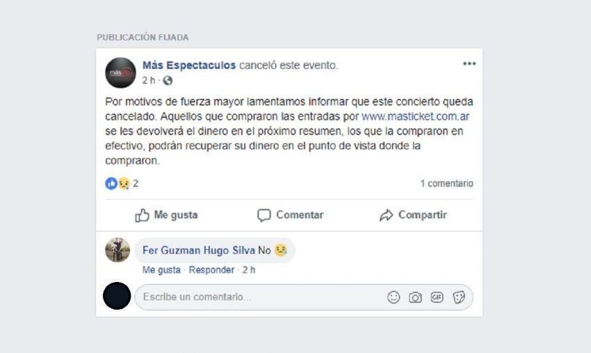 
El aviso de la productora del concierto cancelado en San Juan. | Facebook
   