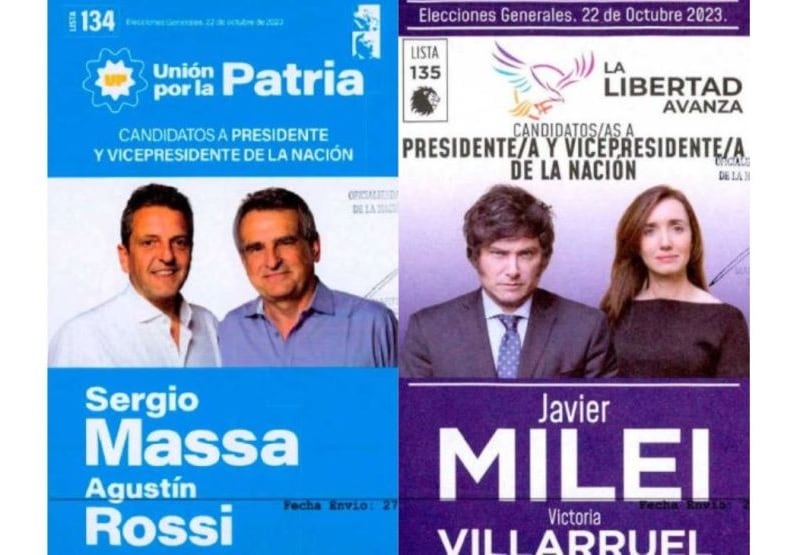 Boletas de Sergio Massa y Javier Milei con inscripción "22 de octubre de 2023"