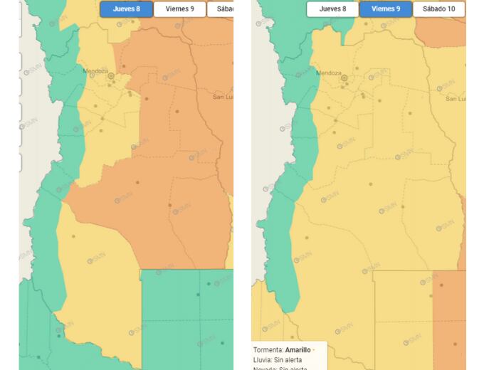 Izquierda: alerta naranja para el Este de Mendoza y amarilla para el Gran Mendoza, Valle de Uco y Malargüe para la noche de este jueves. Derecha: alerta amarilla para el día viernes. Foto: Mapa de alertas del Servicio Meteorológico Nacional.