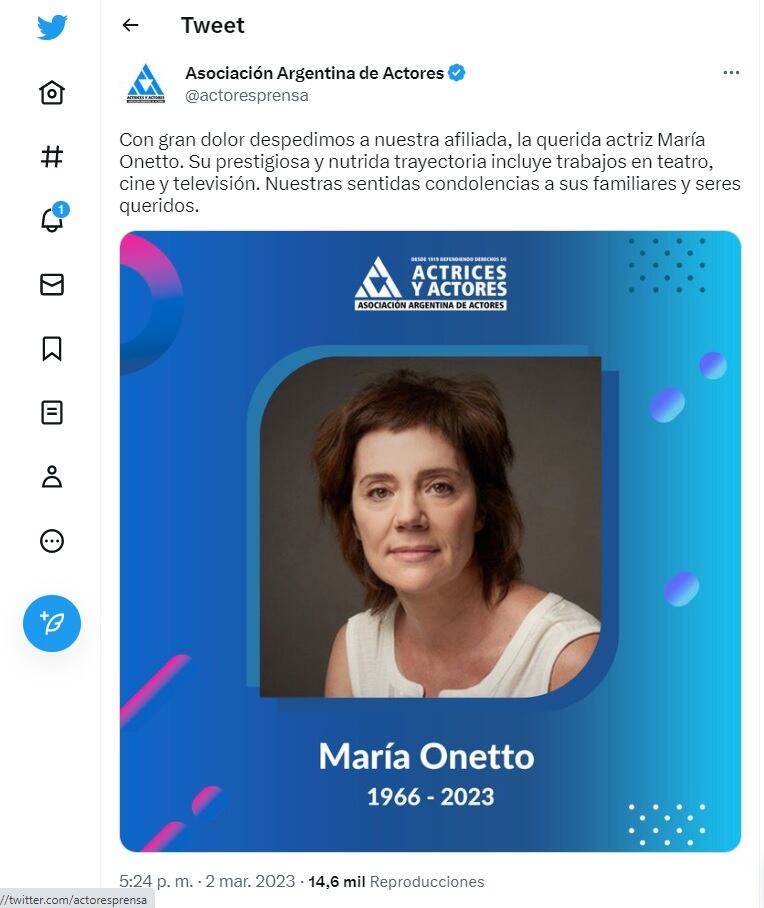 Murió la actriz María Onetto