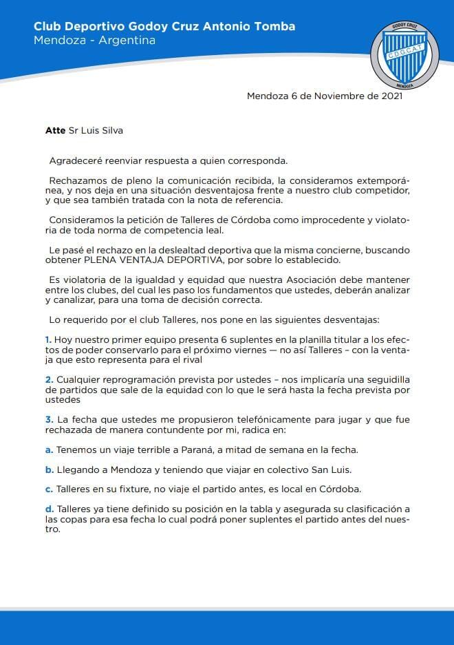 El rechazo de los directivos de Godoy Cruz a la posible postergación del partido semifinal de Copa Argentina. / Gentileza.