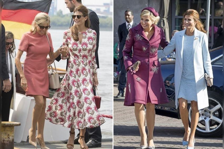 
    Juliana con Brigitte Macron (izquierda) y con la reina Máxima (derecha).
   