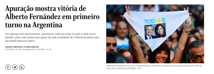 
    O Globo de Brasil destaca en su portada lo que ocurre en Argentina.
   