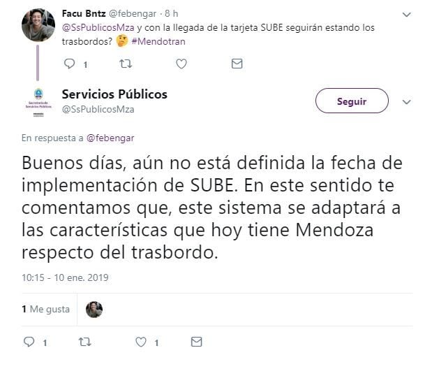 
    Servicios Públicos le contestó a un usuario sobre el futuro de los trasbordos y la tarjeta SUBE. / Twitter
   