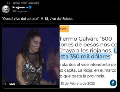 Los retuits de Milei sobre la presentación de Lali en el Cosquín. Foto: captura.