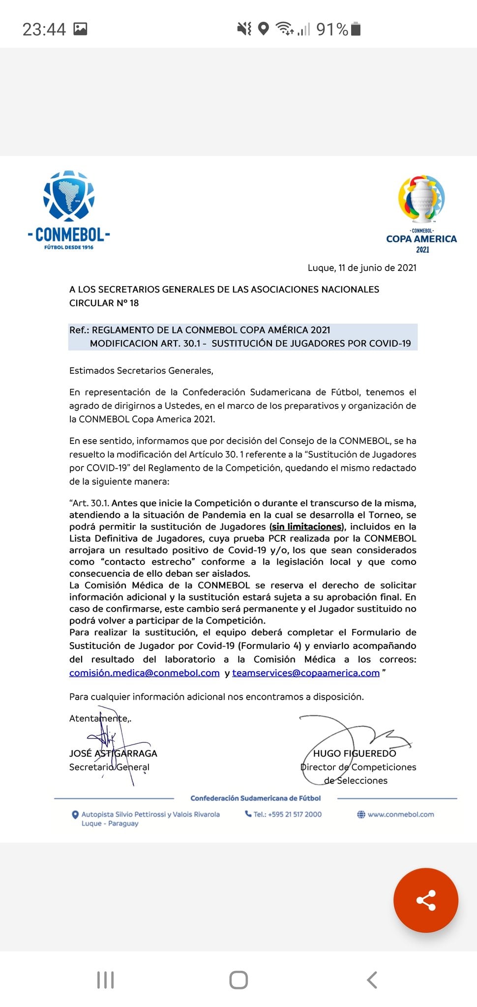 Conmebol cambió el reglamento en cuanto a sustitución de jugadores en caso de presentar Covid-19.