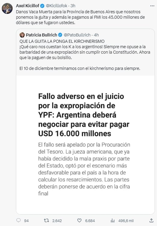 Tweets de Axel Kicillof y Patricia Bullrich. Foto: captura X