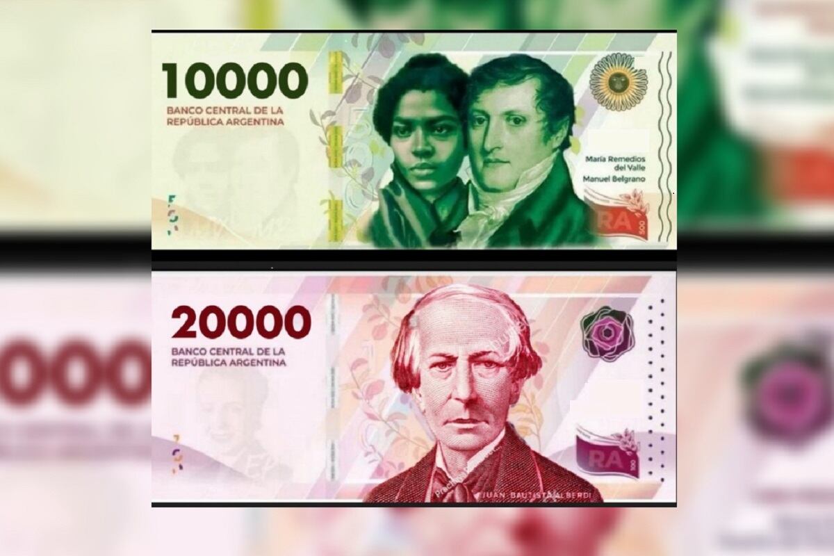 Diseño ilustrativo del nuevo billete de $10.000 con María Remedios del Valle y Manuel Belgrano y de $20.000 con Juan Bautista Alberdi