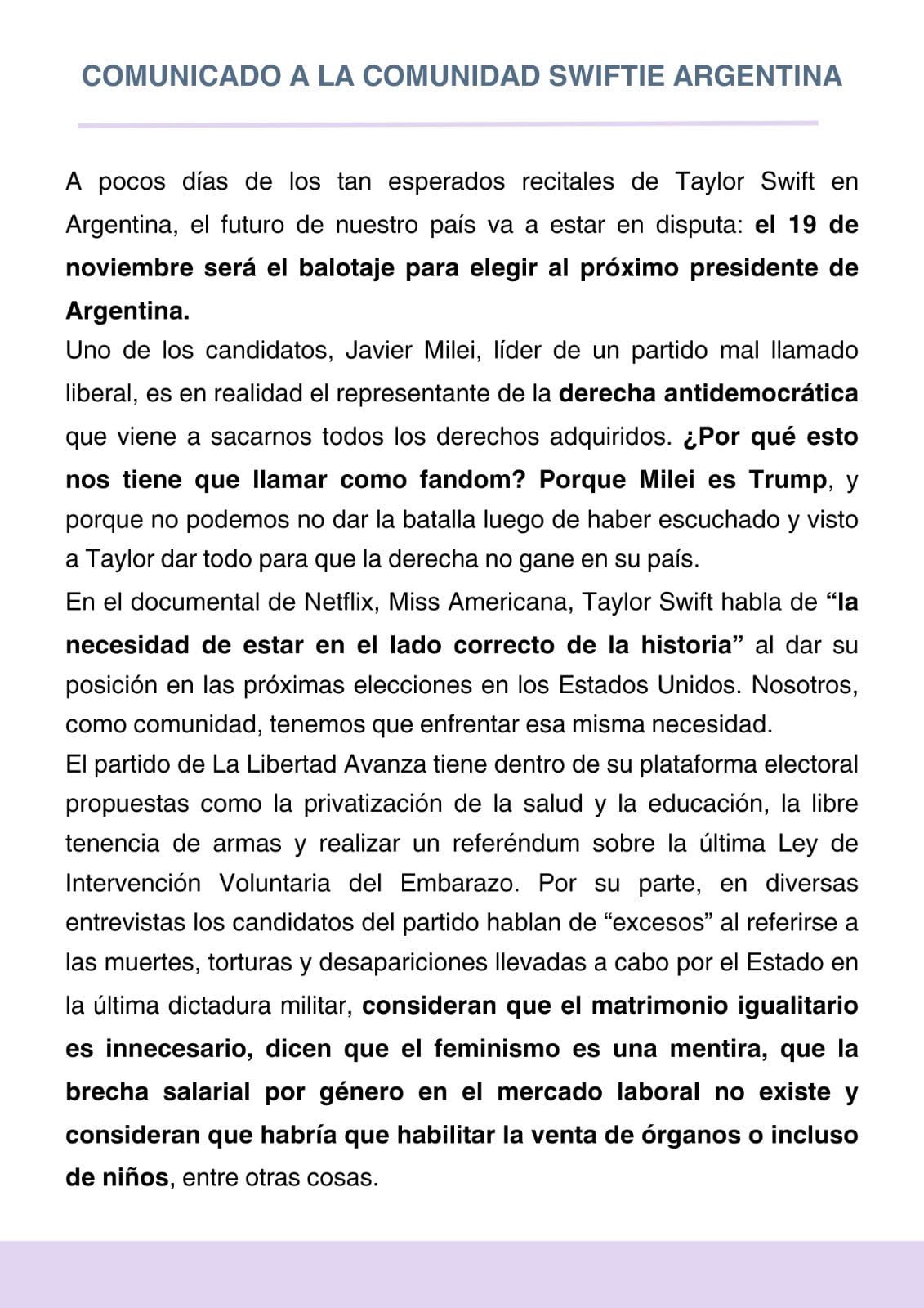 El comunicado de las swifties argentinas en contra de Milei. Foto: X.