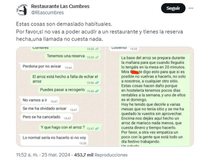 El tweet que compartió el restaurante en la plataforma X. Foto: Redes Sociales.