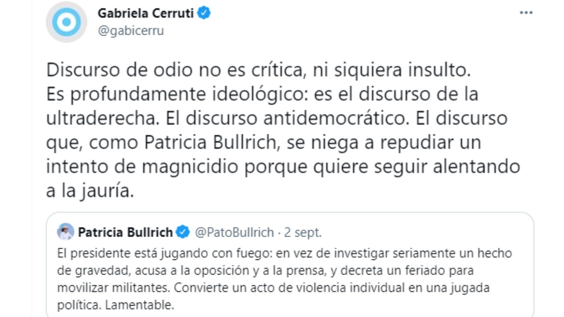 El tuit de Gabriela Cerruti. / Foto: Web